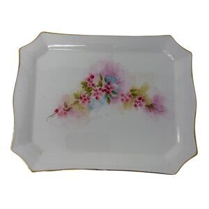 Vintage Stiffel Floral Porcelain Vanity Tray Gold Rim Decor